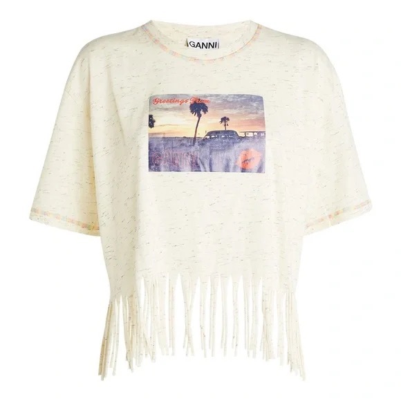 [ganni] greetings from fringe crop beach graphic short sleeve tee egret XS - Picture 3 of 10